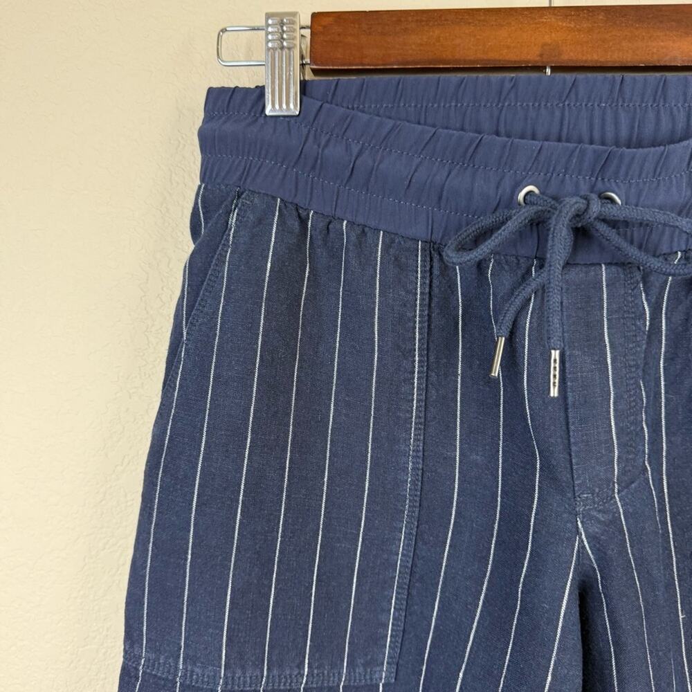 ATHLETA 100% Linen Bali Navy Blue Stripe Wide Leg Drawstring Crop Pants Sz 4 - Picture 6 of 14